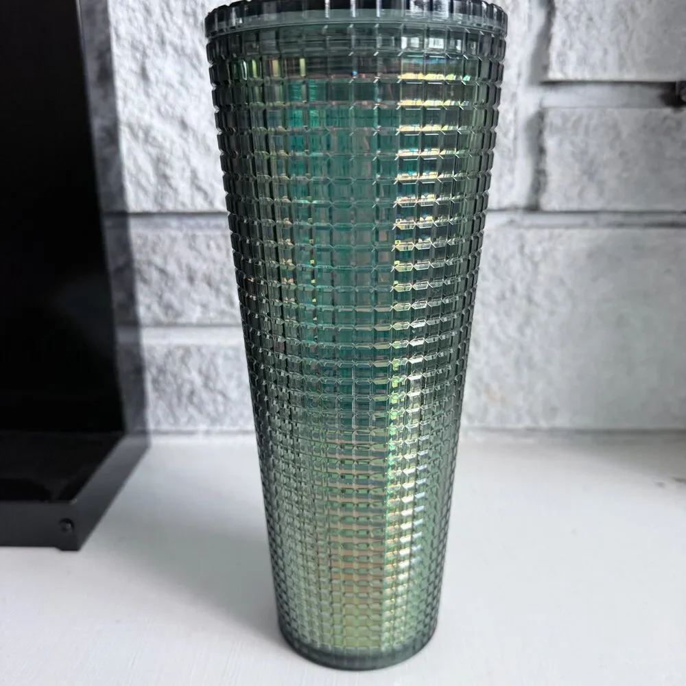 Starbucks 2022 Fall Green Aqua Grid Rainforest Venti Tumbler, 24oz Iridescent